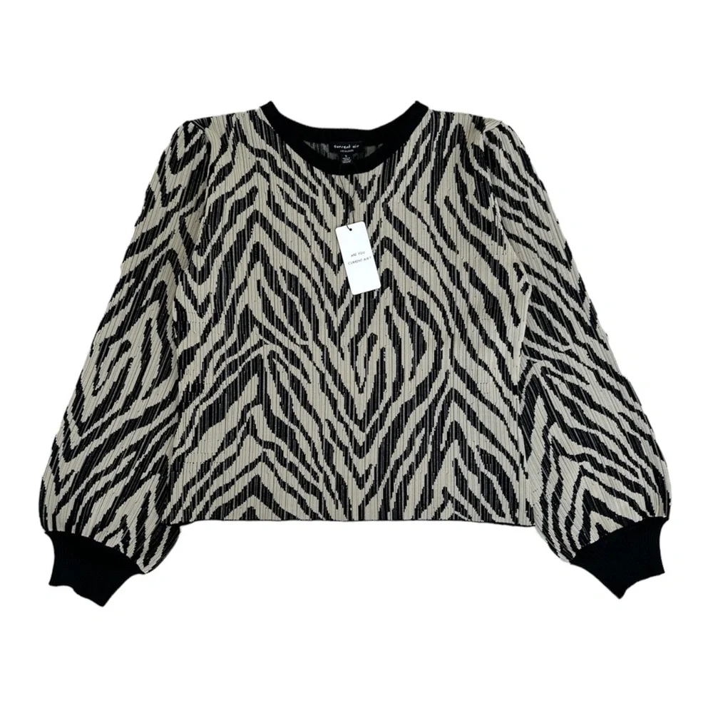 Anthropologie Current Air Zebra Print Balloon Sleeve Sweater in Taupe & Black